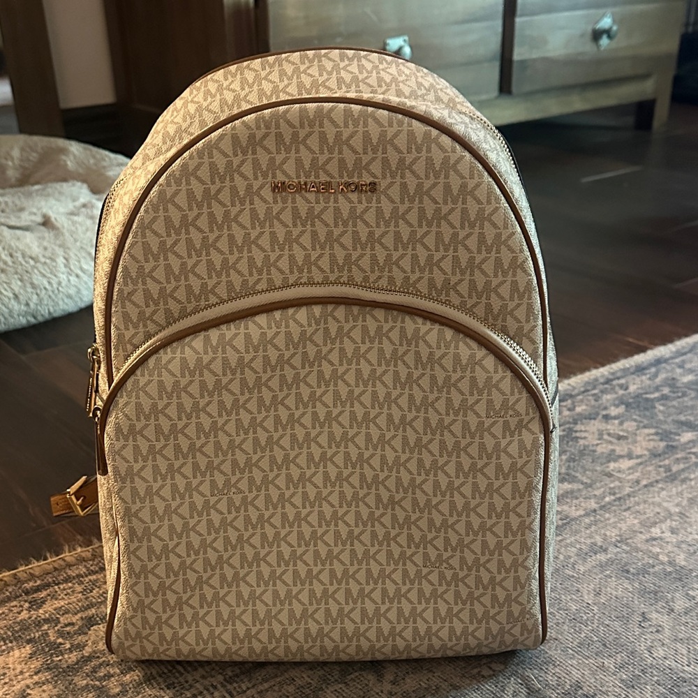Michael Kors Beige Monogram Backpack with Gold Accents